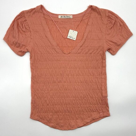 Free People Sugar Cube Women's Size Small Burnt Coral Pink V-Neck Ruched Top NWT - Picture 3 of 13